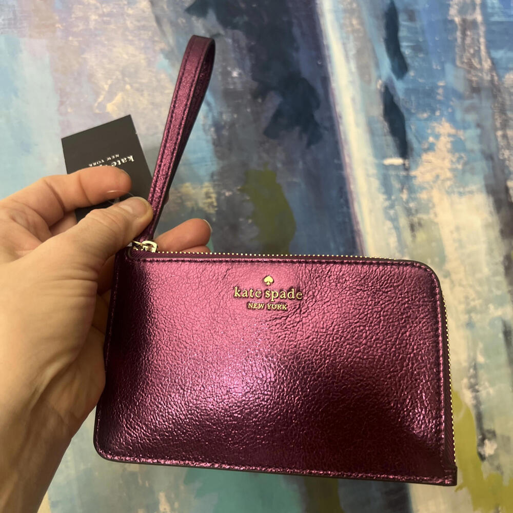 NEW kate spade new york Lucy Metallic Medium L-zip Wristlet In Dark Raspberry Sm